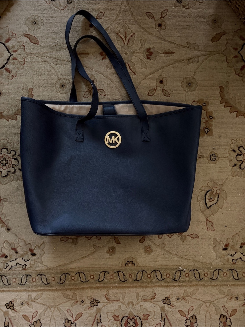 Michael Kors Navy Saffiano Tote with Gold MK Accent - Picture 1 of 2